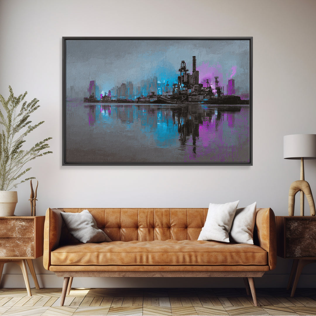 Monochrome City Skyline Reflected Framed Canvas Print, Black and White Art, Canvas Print, Living Room Decor, Monochrome, BAW-3x2-63