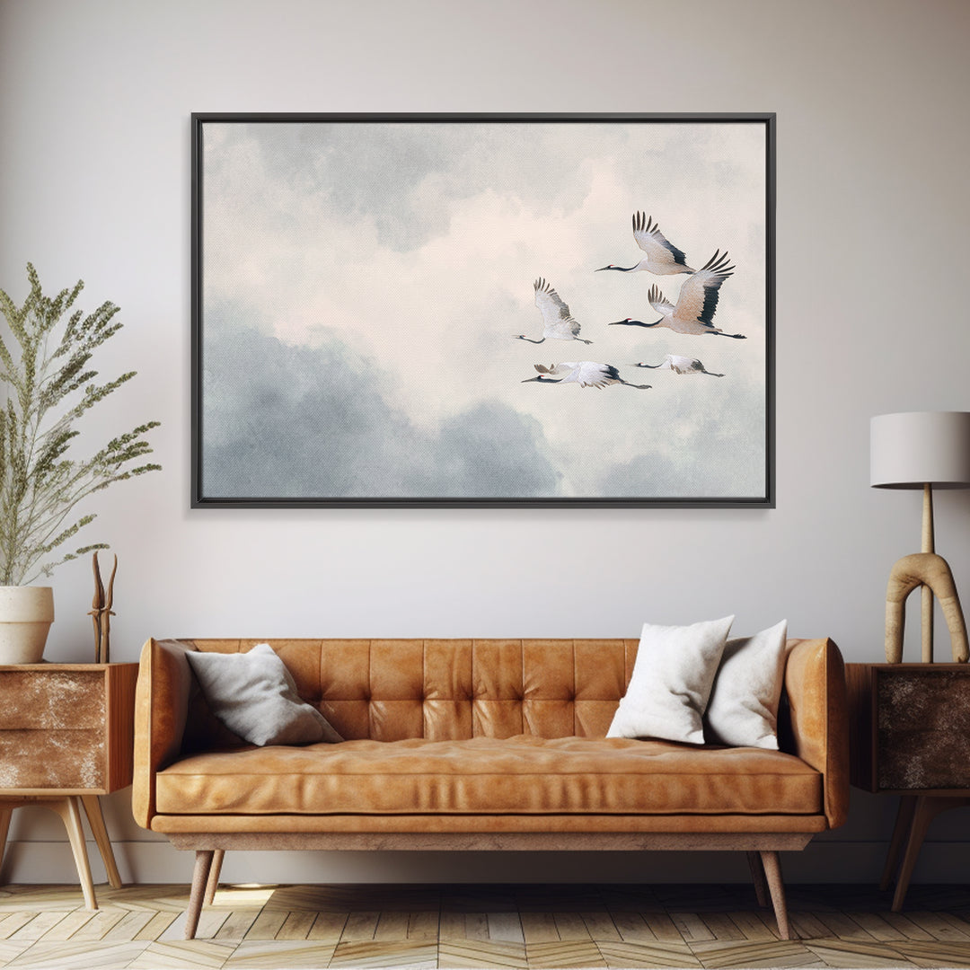 Black Ink Crane Flying Across Empty Sky Canvas Print, Black and White Art, Photo Prints, Living Room Decor, Monochrome, BAW-3x2-65