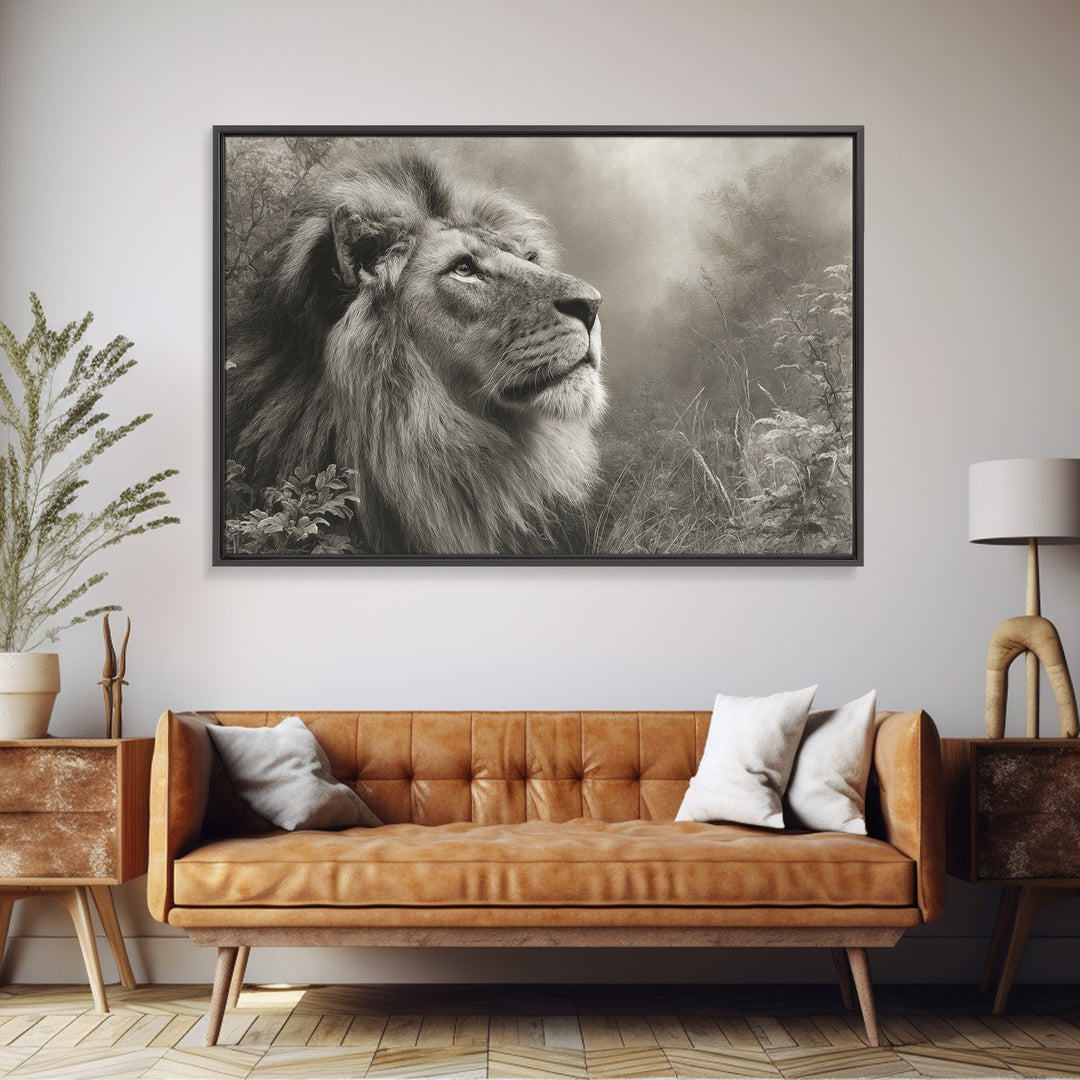 Dramatic Black and White Lion Portrait Framed Canvas Print, Black and White Art, Gallery Decor, Living Room Decor, Monochrome, BAW-3x2-69