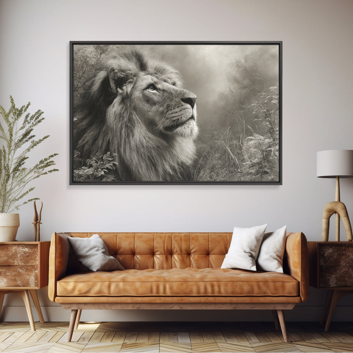 Dramatic Black and White Lion Portrait Framed Canvas Print, Black and White Art, Gallery Decor, Living Room Decor, Monochrome, BAW-3x2-69