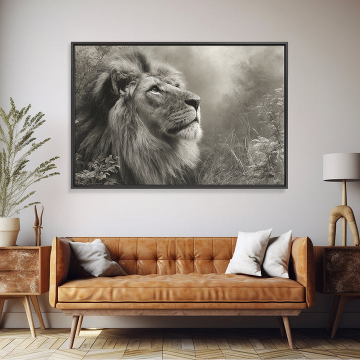 Dramatic Black and White Lion Portrait Framed Canvas Print, Black and White Art, Gallery Decor, Living Room Decor, Monochrome, BAW-3x2-69