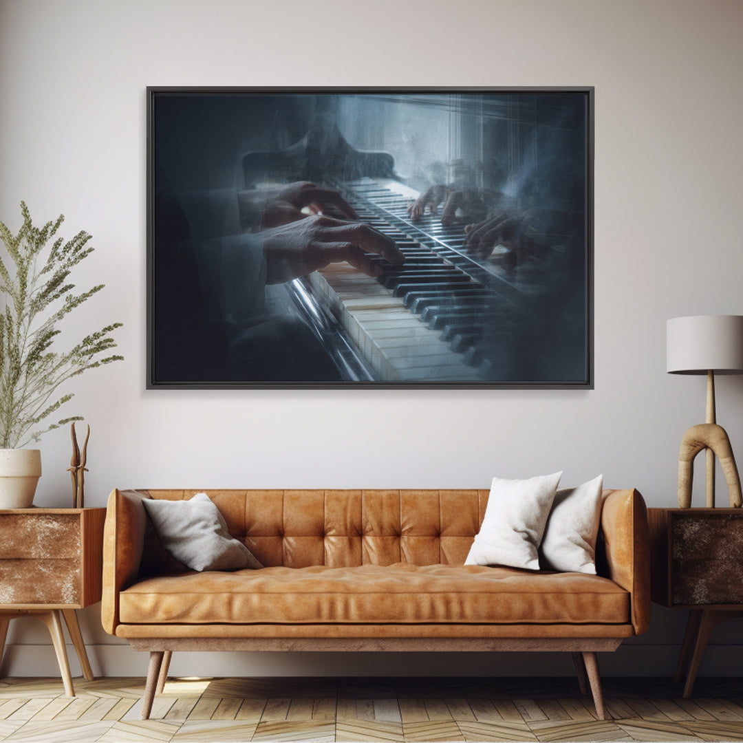 Piano Keys and Hands Framed Canvas Print, Black and White Art, Modern Wall Art, Living Room Decor, Oil Painting, Monochrome, BAW-3x2-74