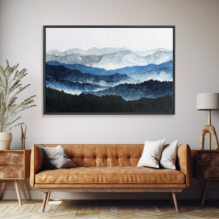 Black Ink Mountain Range Framed Canvas Print, Black and White Art, Cabin Decor, Living Room Decor, Fine Art, Monochrome, BAW-3x2-78
