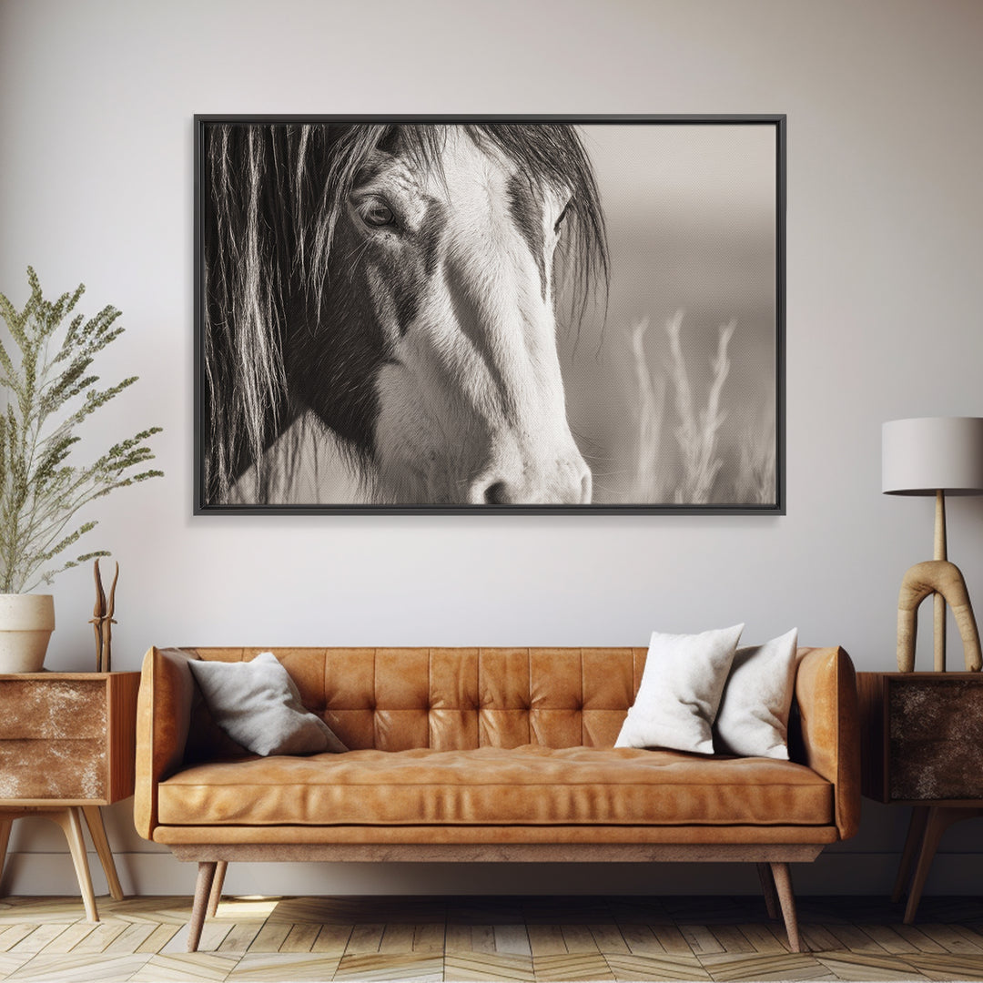Black and White Wild Horse Portrait Canvas Print, Black and White Art, Fine Art Print, Living Room Decor, Monochrome, BAW-3x2-81