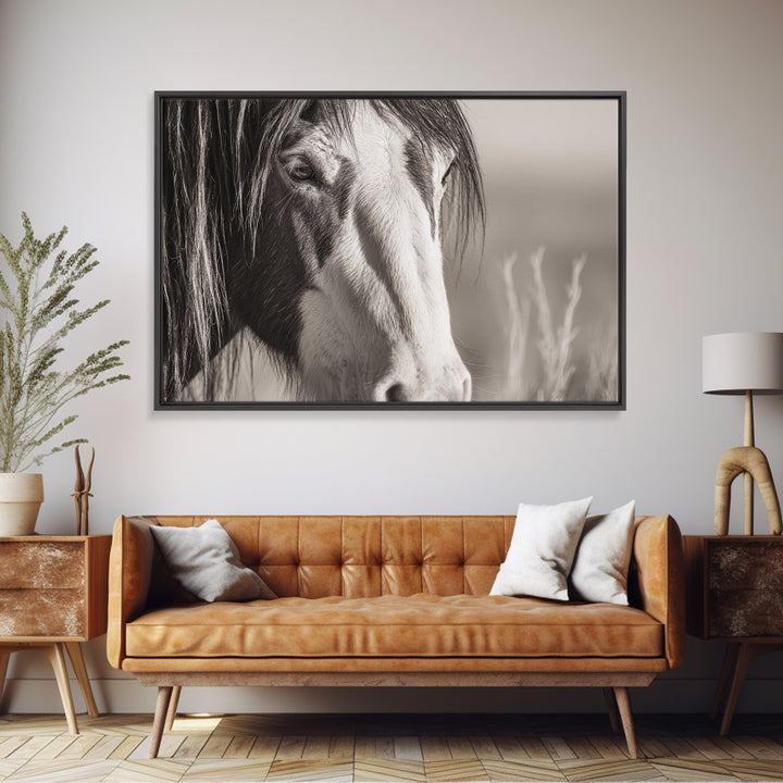 Black and White Wild Horse Portrait Canvas Print, Black and White Art, Fine Art Print, Living Room Decor, Monochrome, BAW-3x2-81