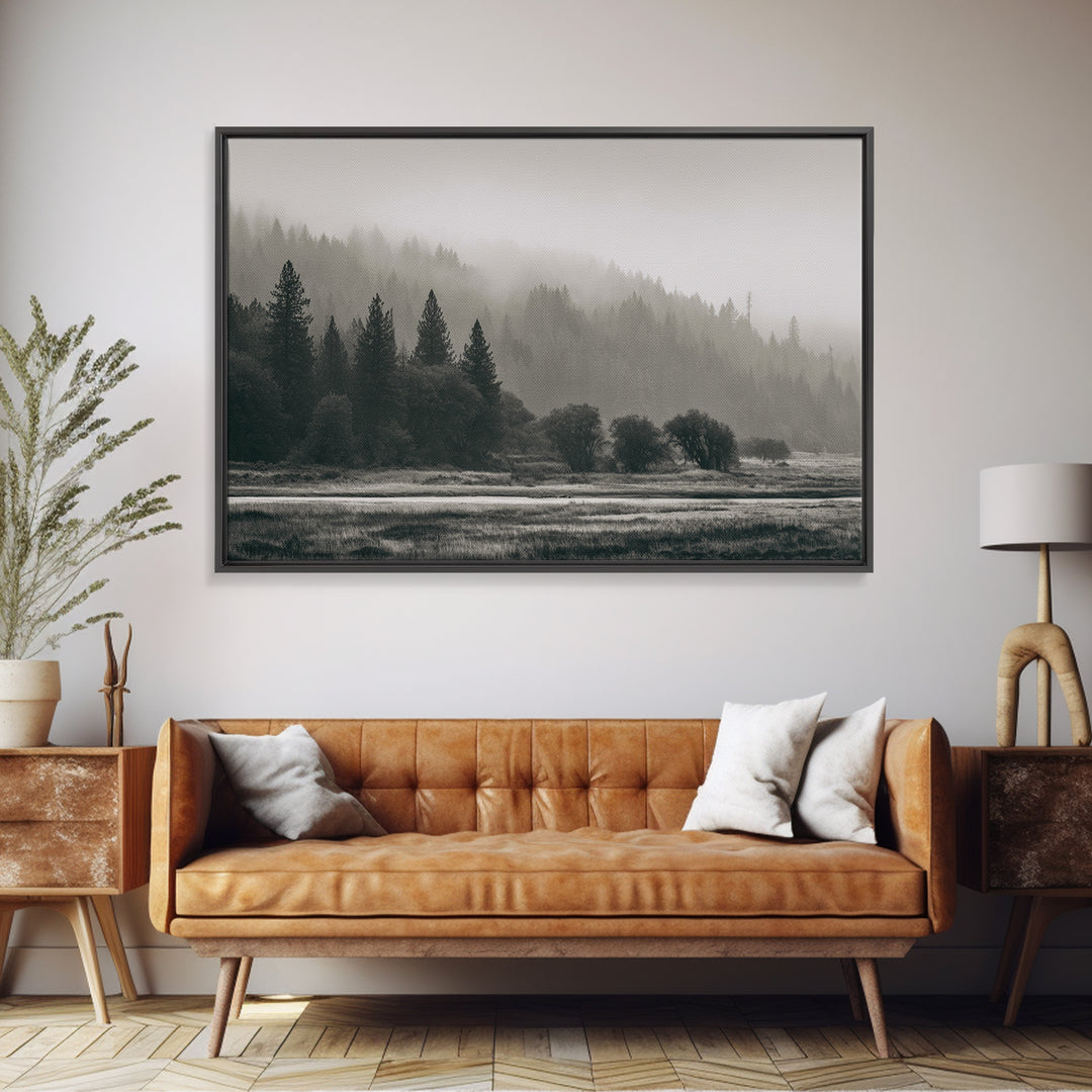 Moody Foggy Forest Canvas Print, Black and White Art, Gothic Decor, Living Room Decor, Oil Painting, Monochrome, BAW-3x2-83