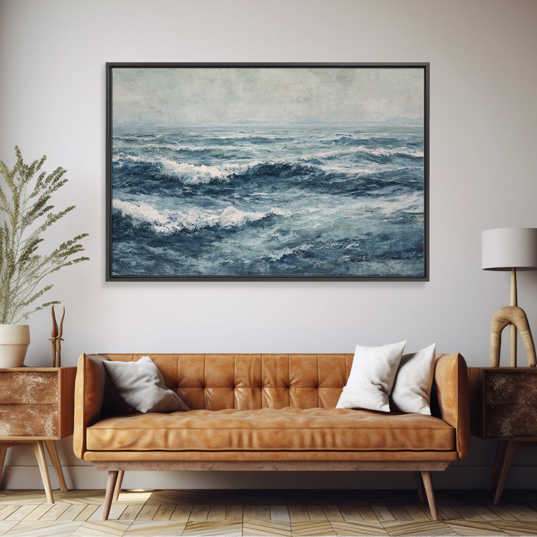 Stormy Ocean Wave Framed Canvas Print, Black and White Art, Retro Wall Art, Living Room Decor, Monochrome, Luxury Decor, BAW-3x2-86
