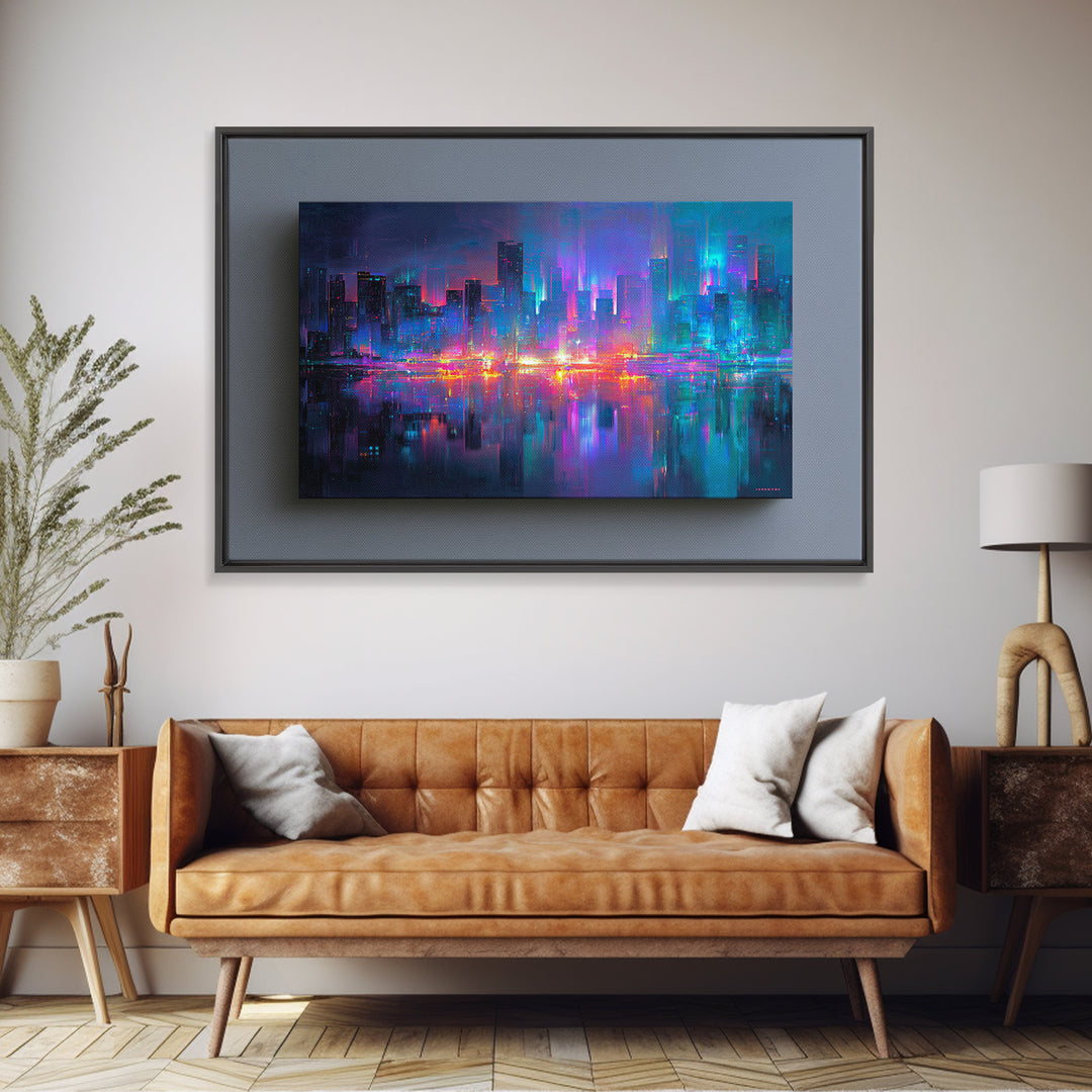 Monochrome City Skyline Reflected Framed Canvas Print, Black and White Art, Art, Living Room Decor, Fine Art, Monochrome, BAW-3x2-87