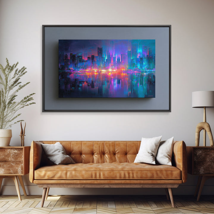 Monochrome City Skyline Reflected Framed Canvas Print, Black and White Art, Art, Living Room Decor, Fine Art, Monochrome, BAW-3x2-87
