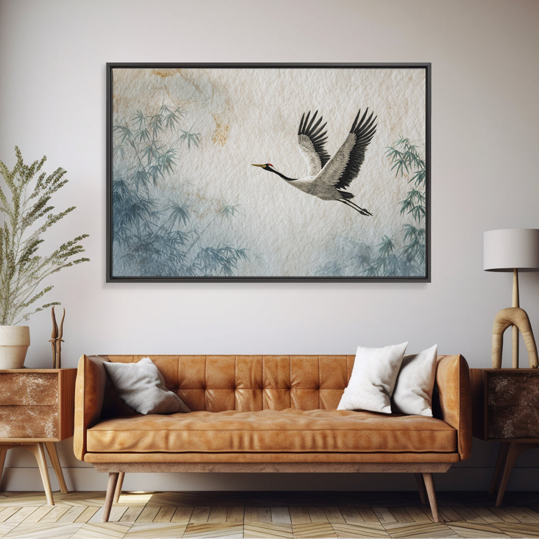 Black Ink Crane Flying Across Empty Sky Canvas Print, Black and White Art, Boho Decor, Living Room Decor, Oil Painting, BAW-3x2-89