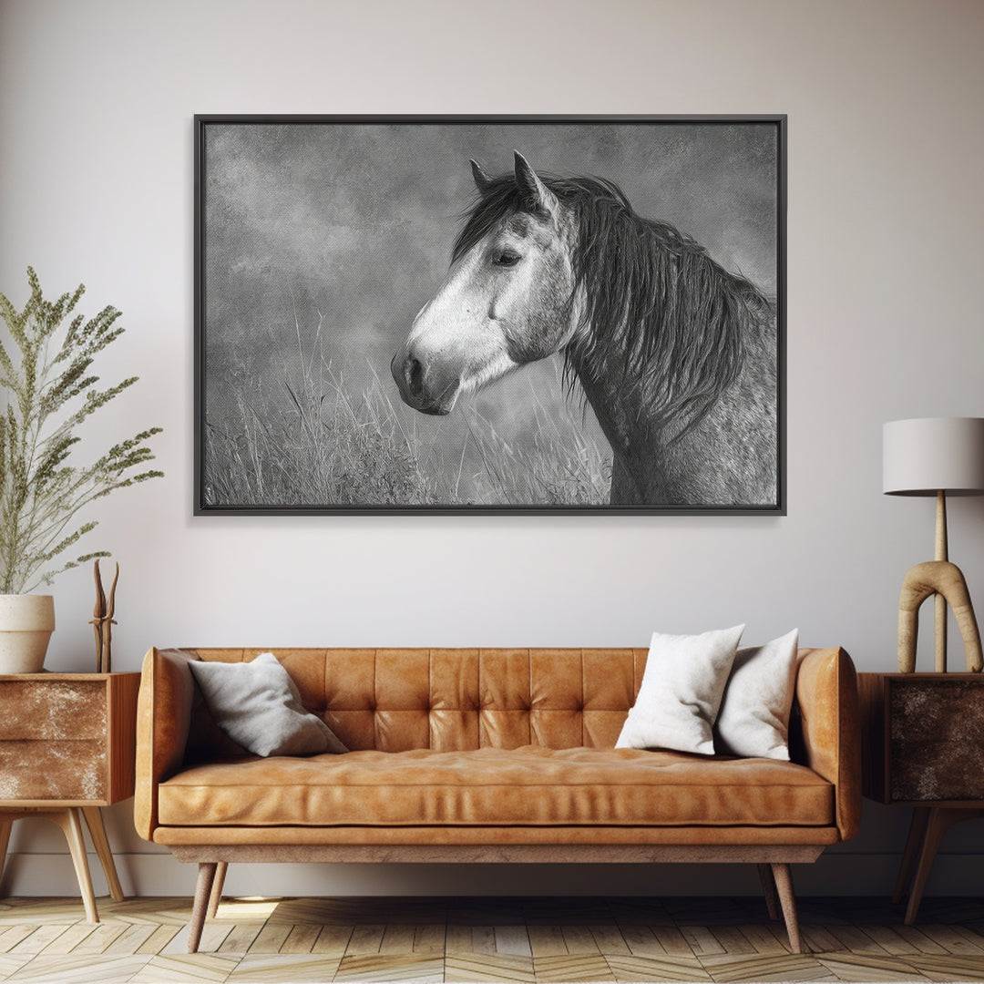 Black and White Wild Horse Portrait Framed Canvas Print, Black and White Art, Canvas Print, Living Room Decor, Monochrome, BAW-3x2-9