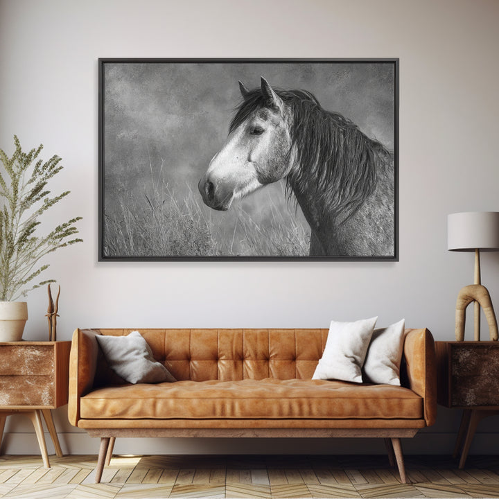 Black and White Wild Horse Portrait Framed Canvas Print, Black and White Art, Canvas Print, Living Room Decor, Monochrome, BAW-3x2-9