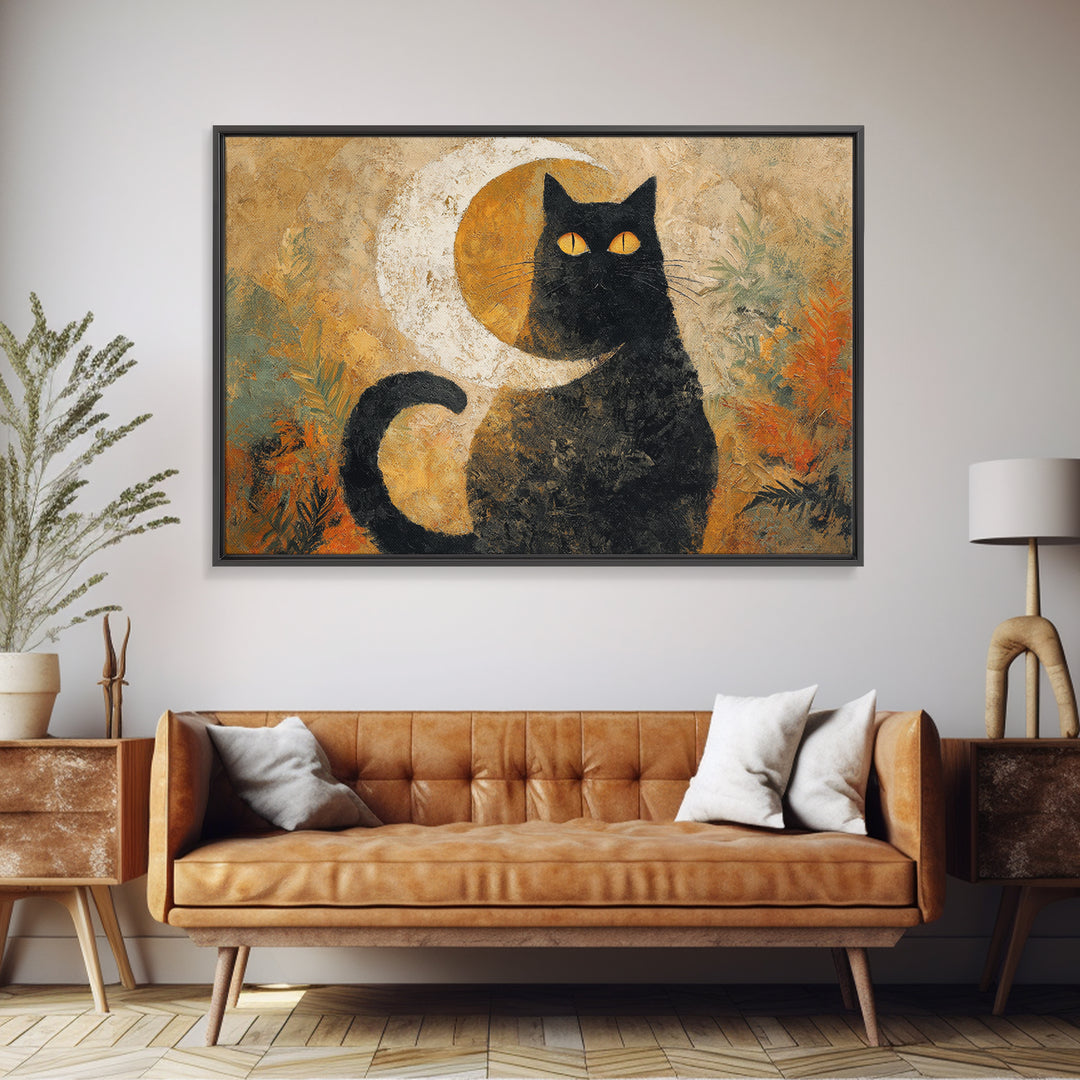 Black Cat Silhouette Framed Canvas Print, Black and White Art, Digital Prints, Living Room Decor, Fine Art, Monochrome, BAW-3x2-92