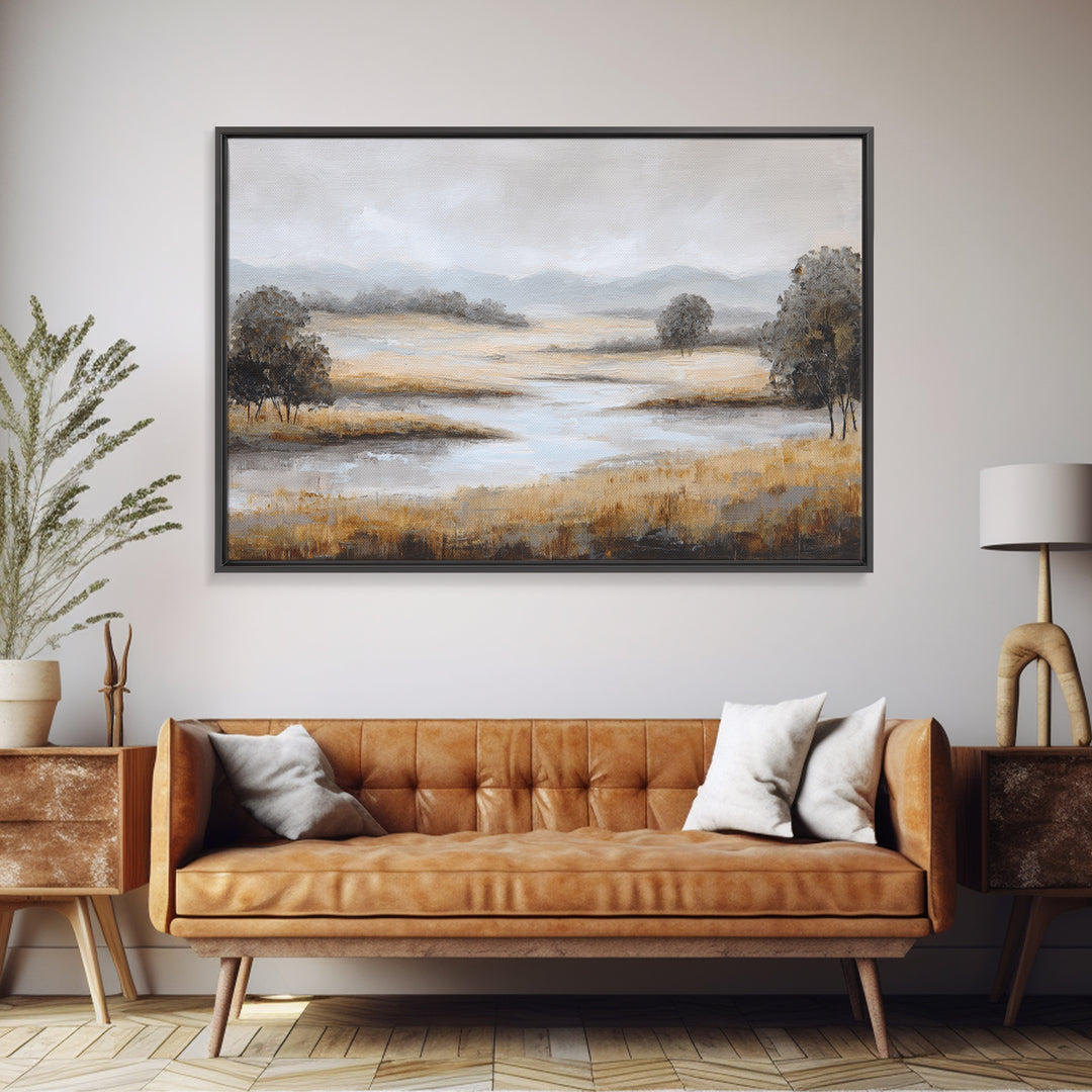 Misty Bridge Landscape Framed Canvas Print, Black and White Art, Printable, Living Room Decor, Monochrome, Retro Wall Art, BAW-3x2-95