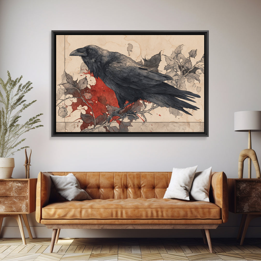 Ink Splatter Raven Composition Framed Canvas Print, Black and White Art, Halloween Decor, Living Room Decor, Monochrome, BAW-3x2-96