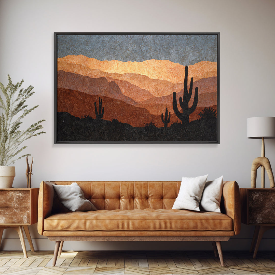 Monochrome Desert Cactus Silhouette Framed Canvas Print, Black and White Art, Luxury Decor, Living Room Decor, Monochrome, BAW-3x2-97