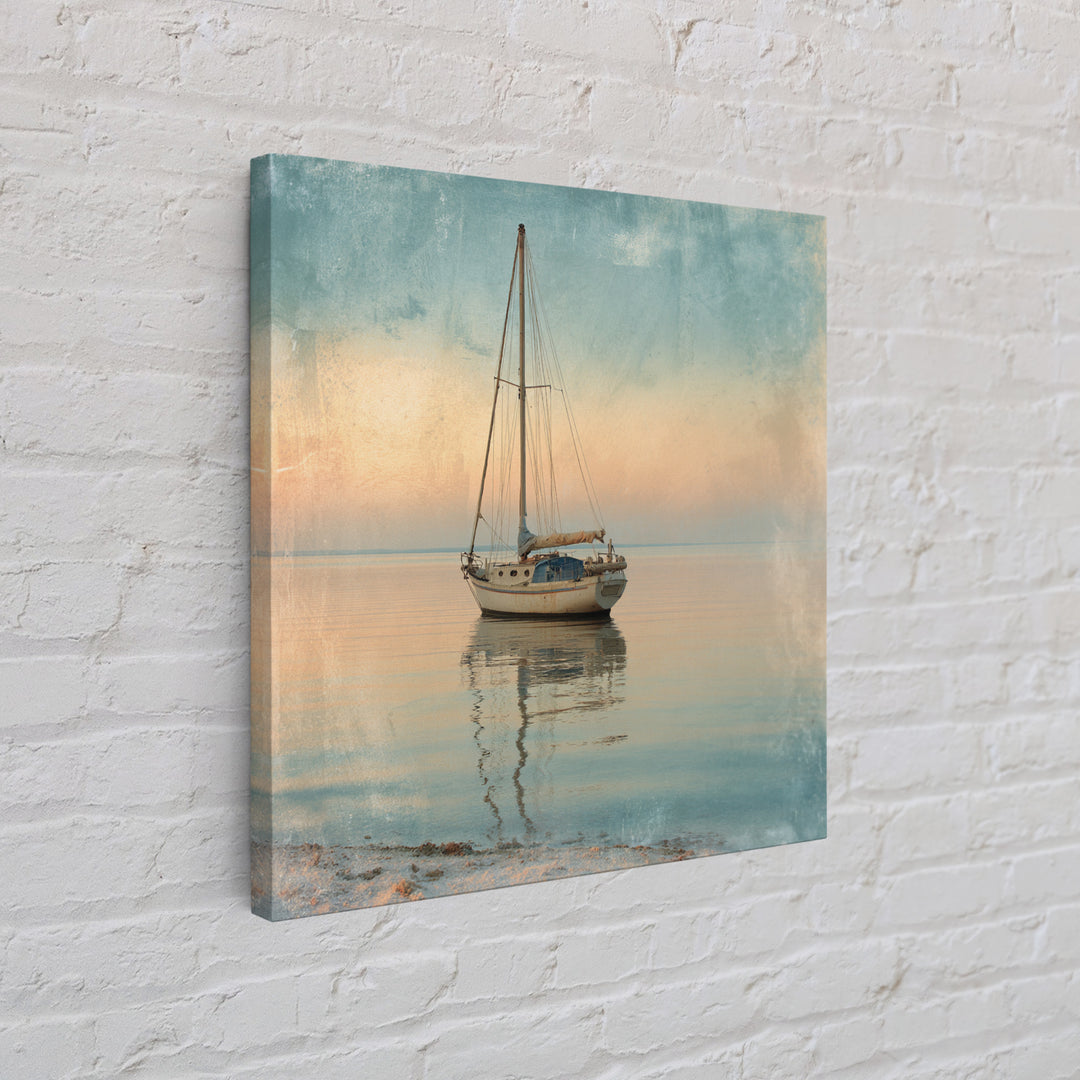 Sunset Sailboat Silhouette on Calm Water Canvas Print, Beach Art, Modern Art, Coastal Decor, Oil Painting, Shore, Luxury Decor, BEA-1x1-30