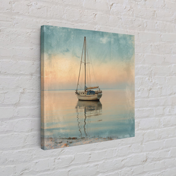 Sunset Sailboat Silhouette on Calm Water Canvas Print, Beach Art, Modern Art, Coastal Decor, Oil Painting, Shore, Luxury Decor, BEA-1x1-30