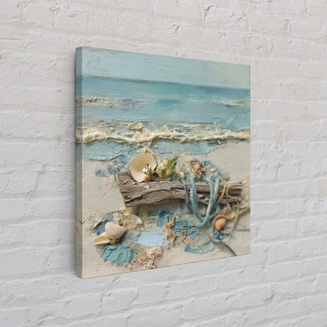 Driftwood and Wildflowers on Sand Framed Canvas Print, Beach Art, Coastal Decor, Oil Painting, Shore, Boho Decor, BEA-1x1-46