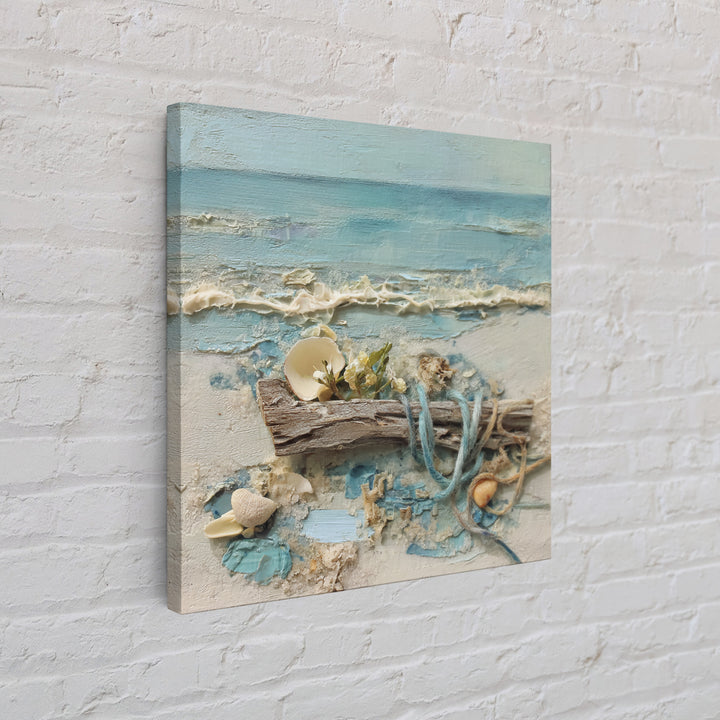 Driftwood and Wildflowers on Sand Framed Canvas Print, Beach Art, Coastal Decor, Oil Painting, Shore, Boho Decor, BEA-1x1-46