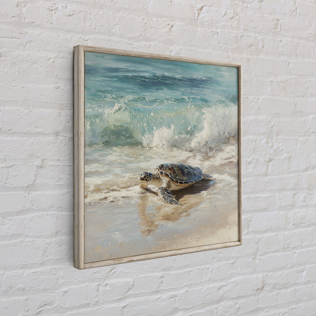 Family of Sea Turtles Crossing Moonlit Sand Framed Canvas Print, Beach Art, Coastal Art, Coastal Decor, Fine Art, Shore, BEA-1x1-62