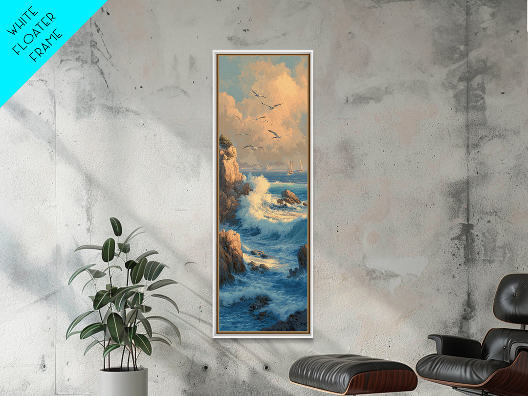 Coastal Cliffs with Gulls and Sea Spray Framed Canvas Print, Beach Art, Nautical Decor, Coastal Decor, Fine Art, Shore, BEA-1x3-71