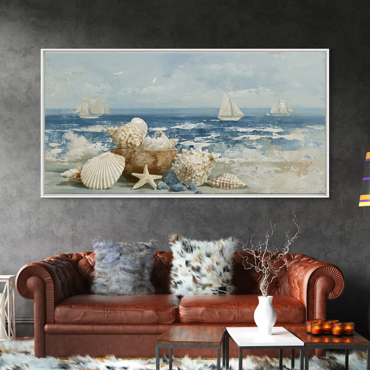 Nautical Rope and Shell Still Life Framed Canvas Print, Beach Art, Minimalist Decor, Coastal Decor, Shore, Original Art, BEA-2x1-13