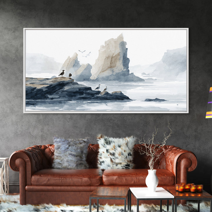 Coastal Cliffs with Gulls and Sea Spray Framed Canvas Print, Beach Art, Art, Coastal Decor, Fine Art, Shore, Abstract Wall Art, BEA-2x1-7
