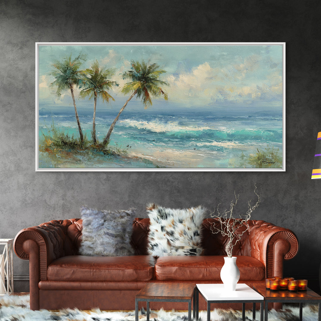 Tropical Palms Leaning Framed Canvas Print, Beach Art, Boho Decor, Coastal Decor, Fine Art, Shore, Art Prints, Digital Art, BEA-2x1-75