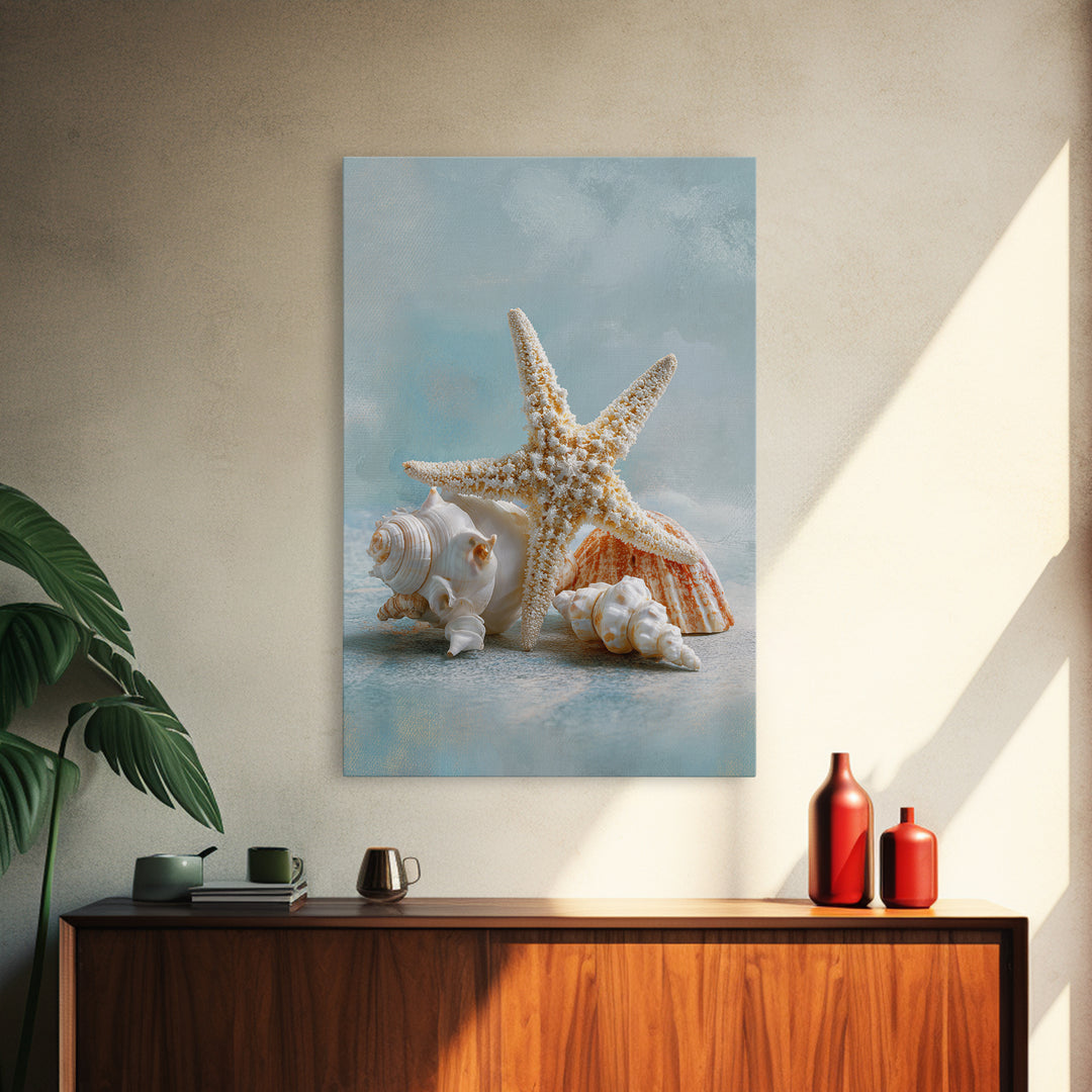 Sun Bleached Starfish and Shells Still Life Framed Canvas Print, Beach Art, Coastal Decor, Oil Painting, Shore, BEA-2x3-21