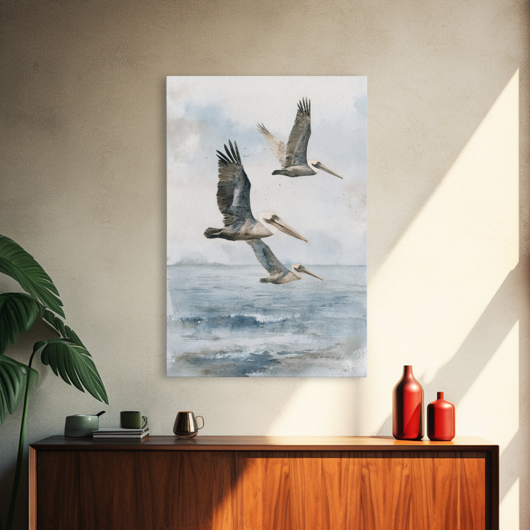 Pelicans Flying Low Framed Canvas Print, Beach Art, Room Decor, Coastal Decor, Oil Painting, Shore, Original Painting, BEA-2x3-51