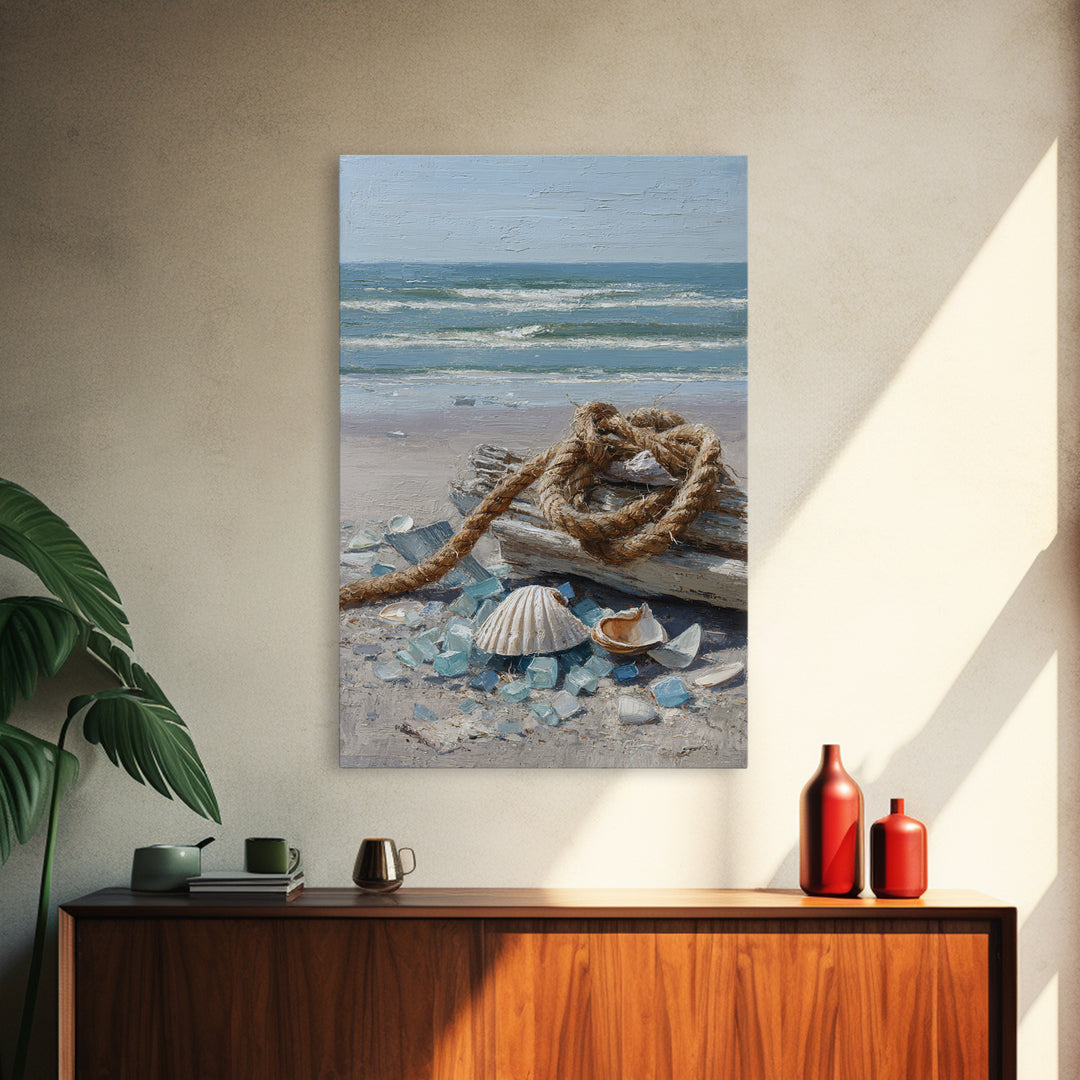 Nautical Rope and Shell Still Life Framed Canvas Print, Beach Art, Original Art, Coastal Decor, Fine Art, Shore, Beach Decor, BEA-2x3-97