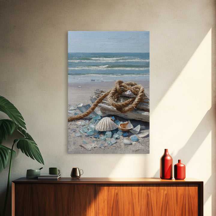 Nautical Rope and Shell Still Life Framed Canvas Print, Beach Art, Original Art, Coastal Decor, Fine Art, Shore, Beach Decor, BEA-2x3-97