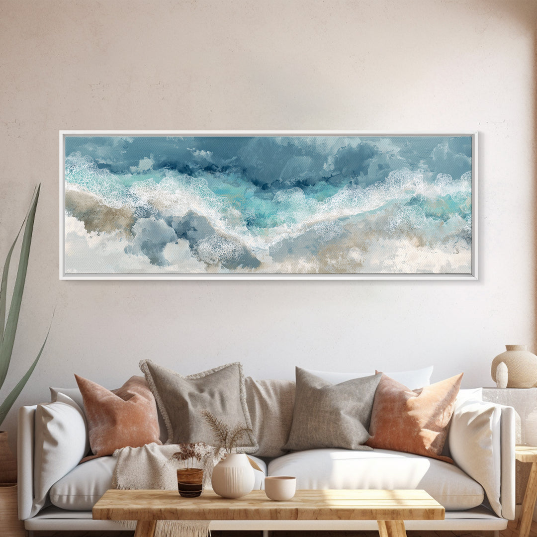 Aerial Turquoise Shoreline Framed Canvas Print, Beach Art, Wall Art Print, Coastal Decor, Fine Art, Shore, Beach Prints, BEA-3x1-17