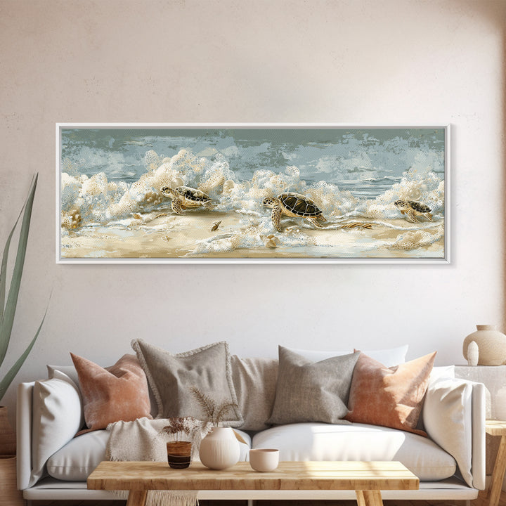 Family of Sea Turtles Crossing Moonlit Sand Canvas Print, Beach Art, Wall Art, Coastal Decor, Fine Art, Shore, Abstract Art, BEA-3x1-30