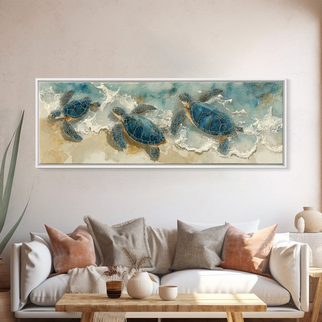 Family of Sea Turtles Crossing Moonlit Sand Canvas Print, Beach Art, Coastal Wall Art, Coastal Decor, Fine Art, Shore, BEA-3x1-6