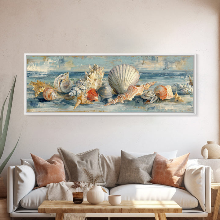 Seashell Collection Painted Like Natural Specimens Canvas Print, Beach Art, Coastal Decor, Shore, Living Room Wall Art, BEA-3x1-68