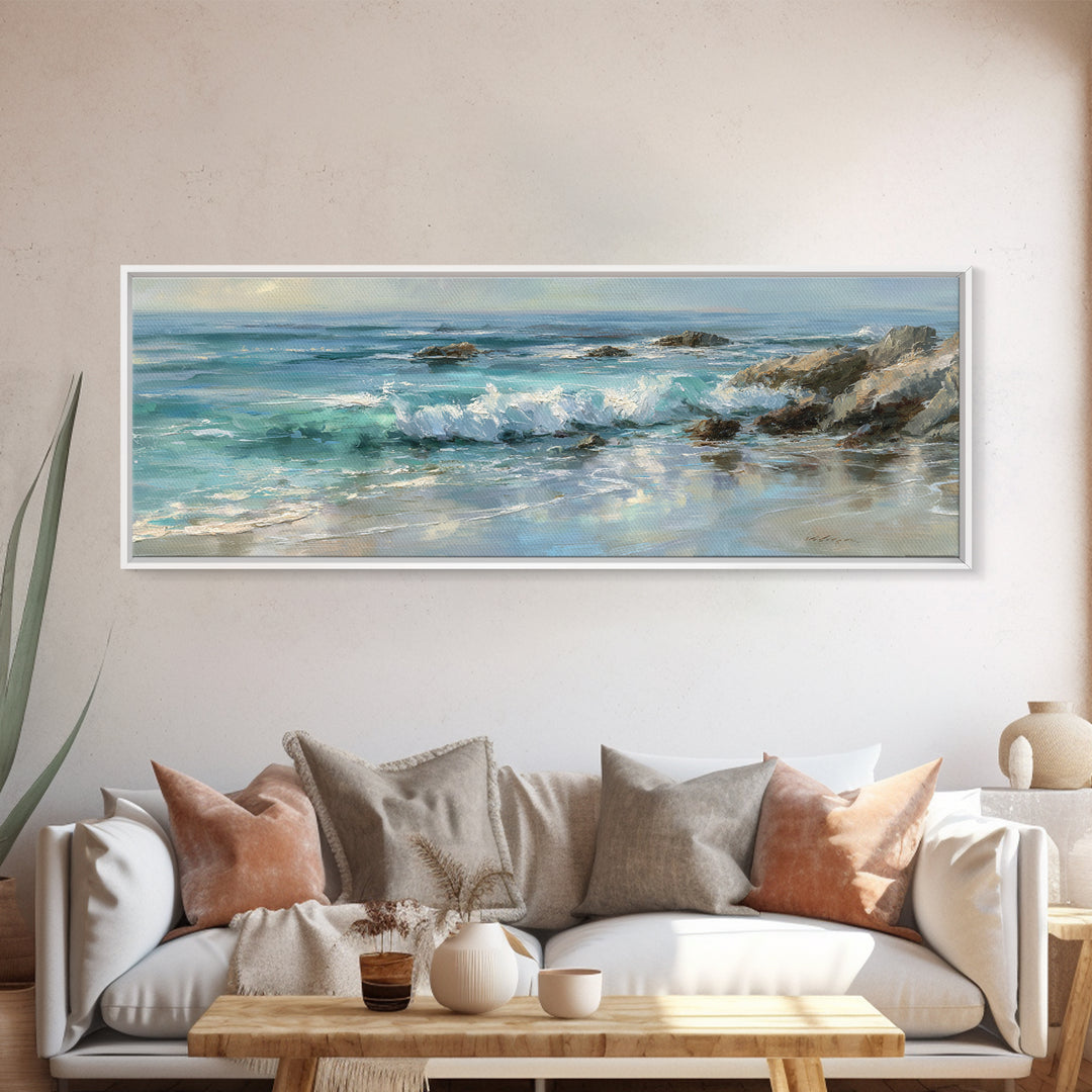 Mediterranean Cove with Clear Water Framed Canvas Print, Beach Art, Wall Decor, Coastal Decor, Fine Art, Shore, Whimsical Decor, BEA-3x1-84