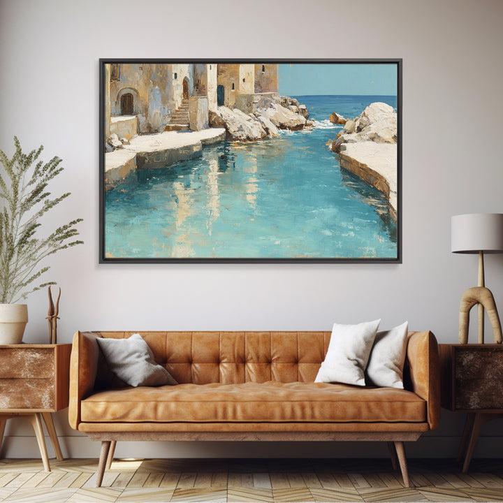 Mediterranean Cove with Clear Water Framed Canvas Print, Beach Art, Whimsical Decor, Coastal Decor, Shore, Beach Print, BEA-3x2-24