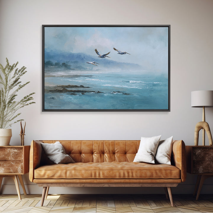 Pelicans Flying Low Framed Canvas Print, Beach Art, Room Decor, Coastal Decor, Oil Painting, Shore, Original Painting, BEA-3x2-47