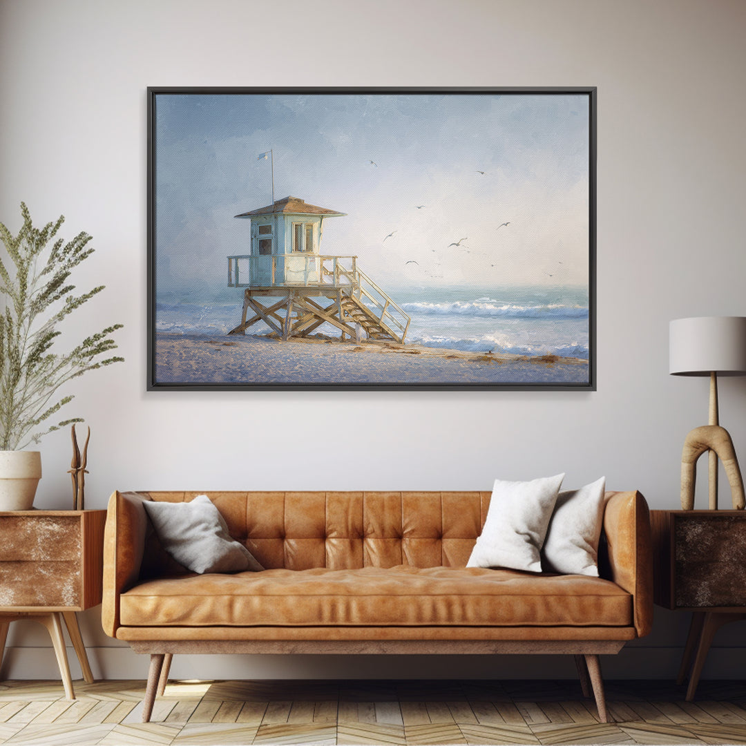 Quiet Lifeguard Tower at Golden Hour Framed Canvas Print, Beach Art, Coastal Decor, Oil Painting, Shore, Whimsical Decor, BEA-3x2-55