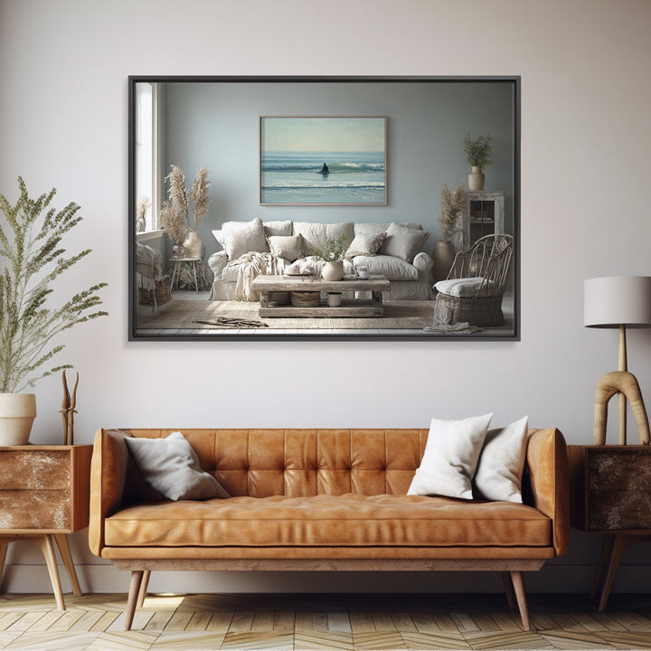 Surfer Silhouette Riding a Glassy Wave Framed Canvas Print, Beach Art, Art, Coastal Decor, Oil Painting, Shore, BEA-3x2-91