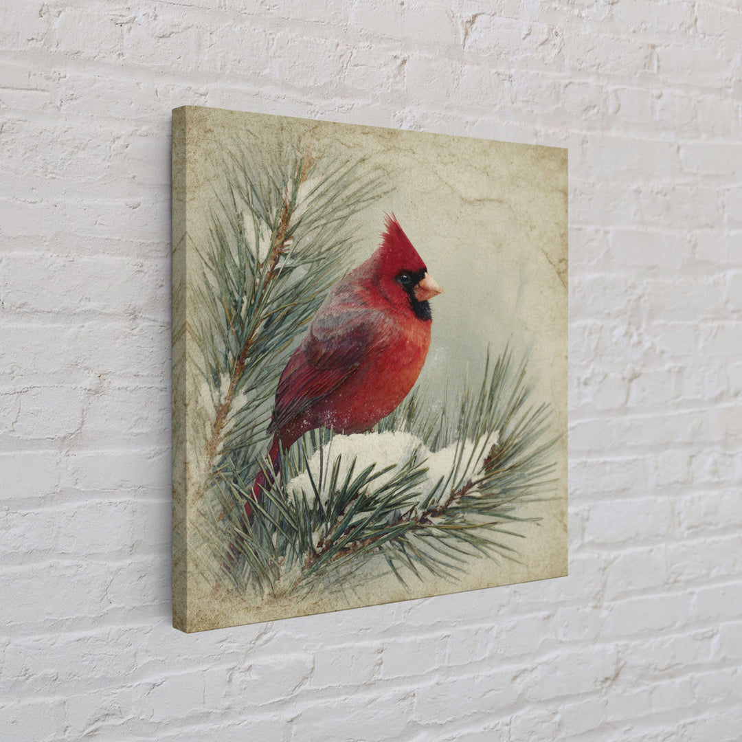 Red Cardinal on Snowy Pine Branch Framed Canvas Print, Bird Art, Nature Wall Art, Living Room Decor, Watercolor Art, Flight, BIR-1x1-1