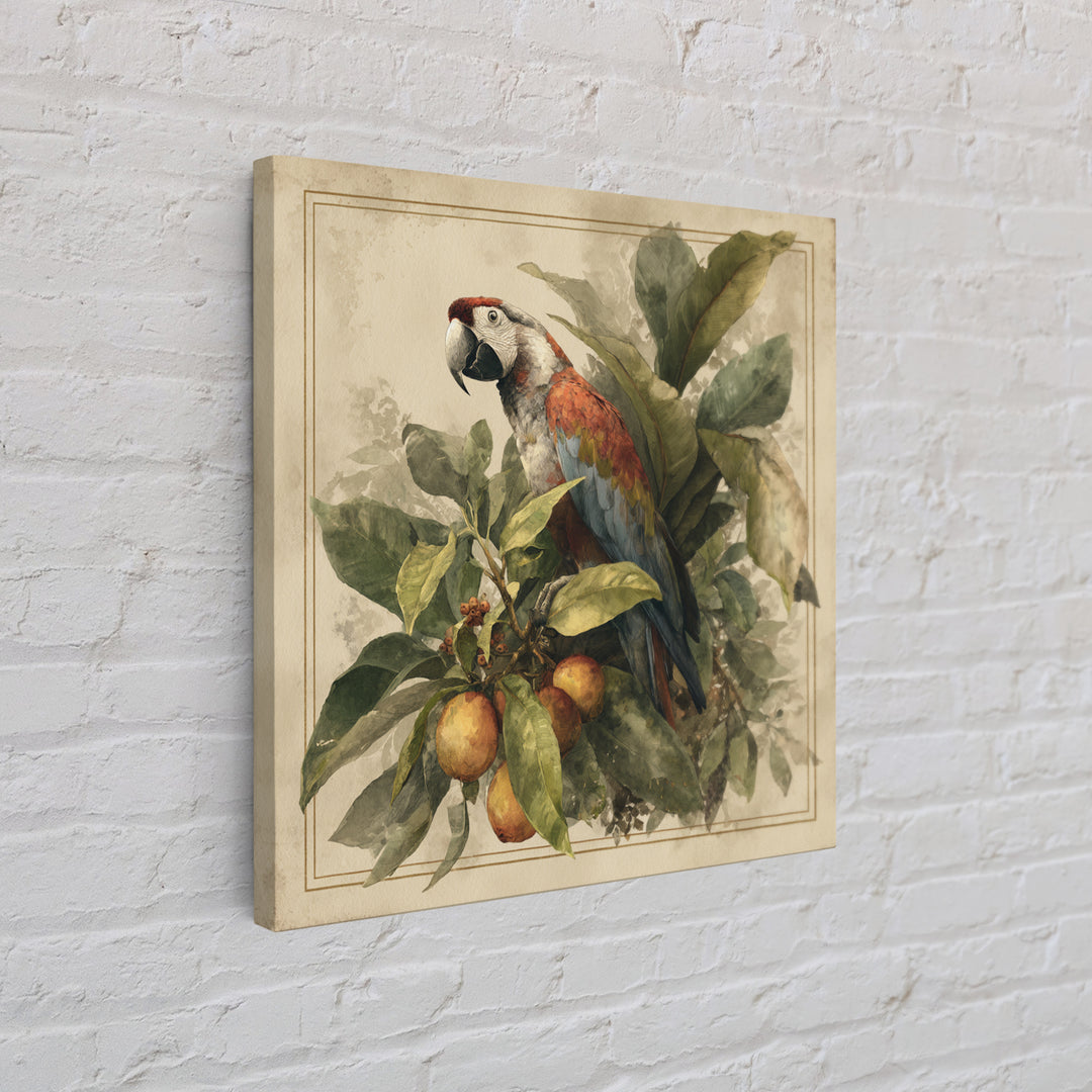 Parrot Among Tropical Leaves and Fruit Canvas Print, Bird Art, Living Room Art, Living Room Decor, Watercolor Art, Flight, BIR-1x1-13