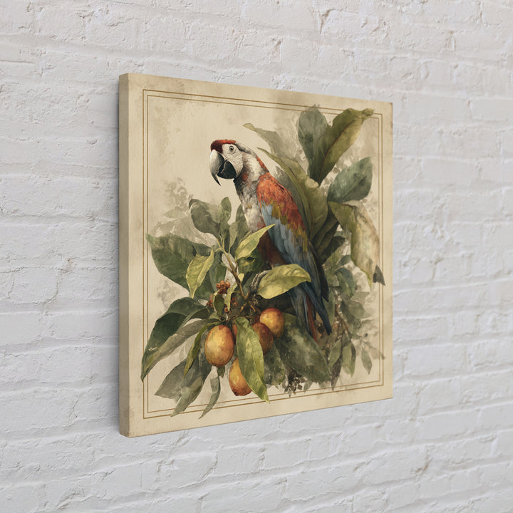 Parrot Among Tropical Leaves and Fruit Canvas Print, Bird Art, Living Room Art, Living Room Decor, Watercolor Art, Flight, BIR-1x1-13