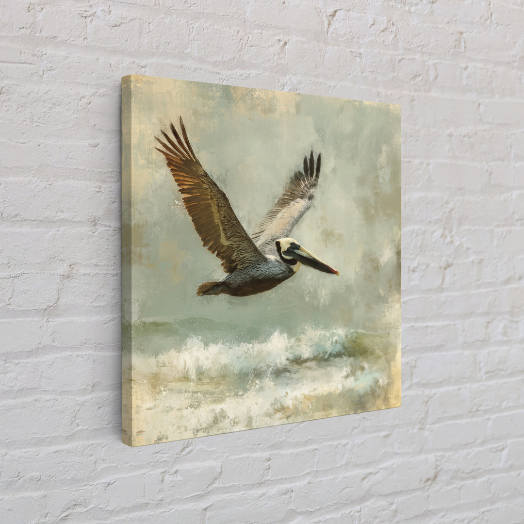 Pelican Flying over Coastal Waves Canvas Print, Bird Art, Modern Art, Living Room Decor, Fine Art, Flight, Floral Art, BIR-1x1-18