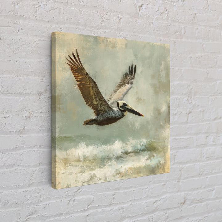Pelican Flying over Coastal Waves Canvas Print, Bird Art, Modern Art, Living Room Decor, Fine Art, Flight, Floral Art, BIR-1x1-18