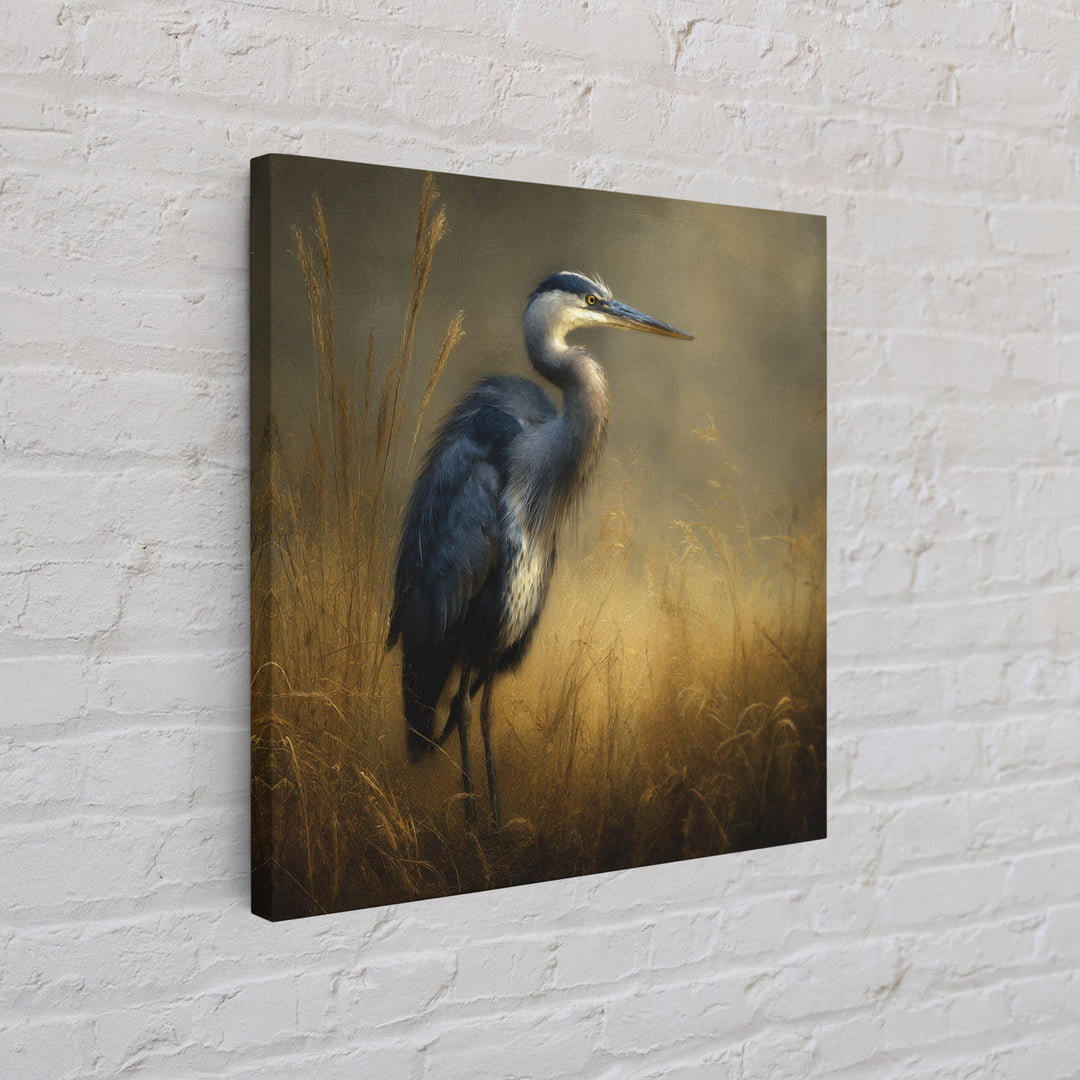 Blue Heron in Misty Marsh Grass Framed Canvas Print, Bird Art, Gallery Wall, Living Room Decor, Fine Art, Flight, Gallery Decor, BIR-1x1-2