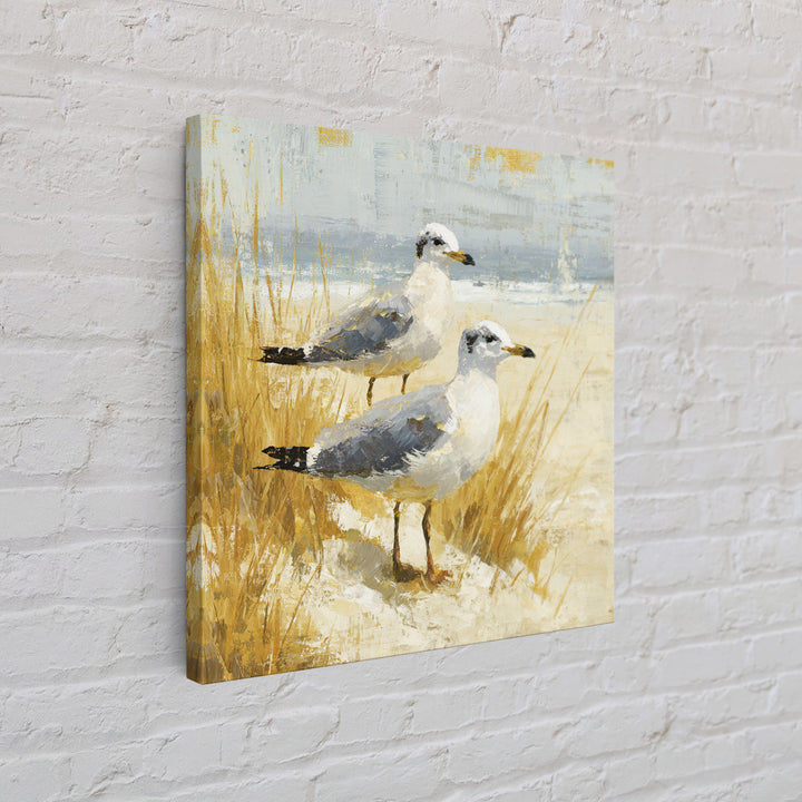 Seagulls Above a Pale Beach Horizon Canvas Print, Bird Art, Mid Century Modern, Living Room Decor, Flight, Botanical Wall Art, BIR-1x1-20