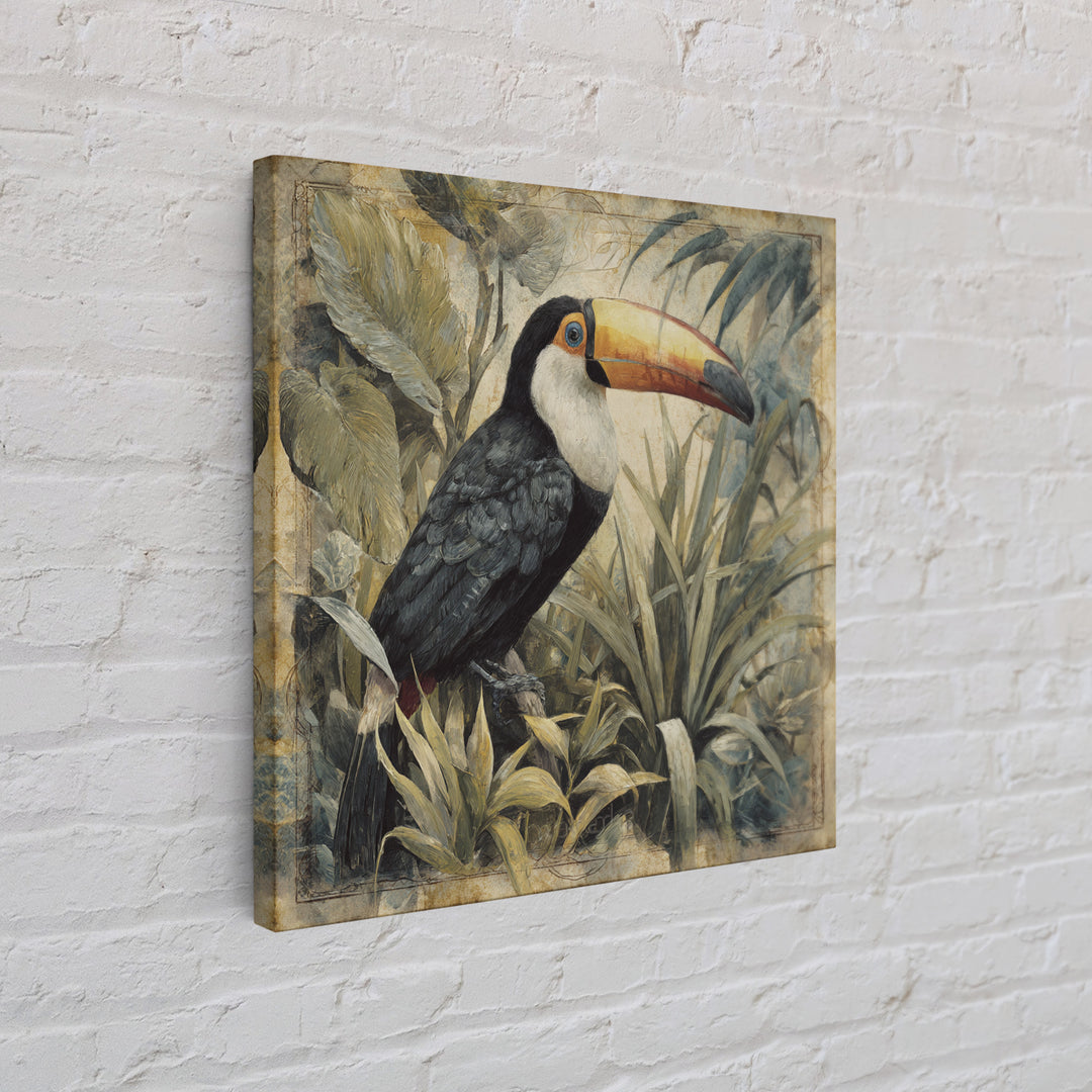 Toucan Framed by Bold Jungle Foliage Canvas Print, Bird Art, Printable Art, Living Room Decor, Flight, Mid Century Wall Art, BIR-1x1-23